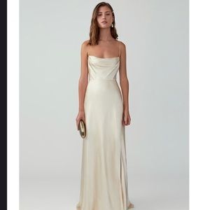 Fame and Partners strappy draped gown in champagne.